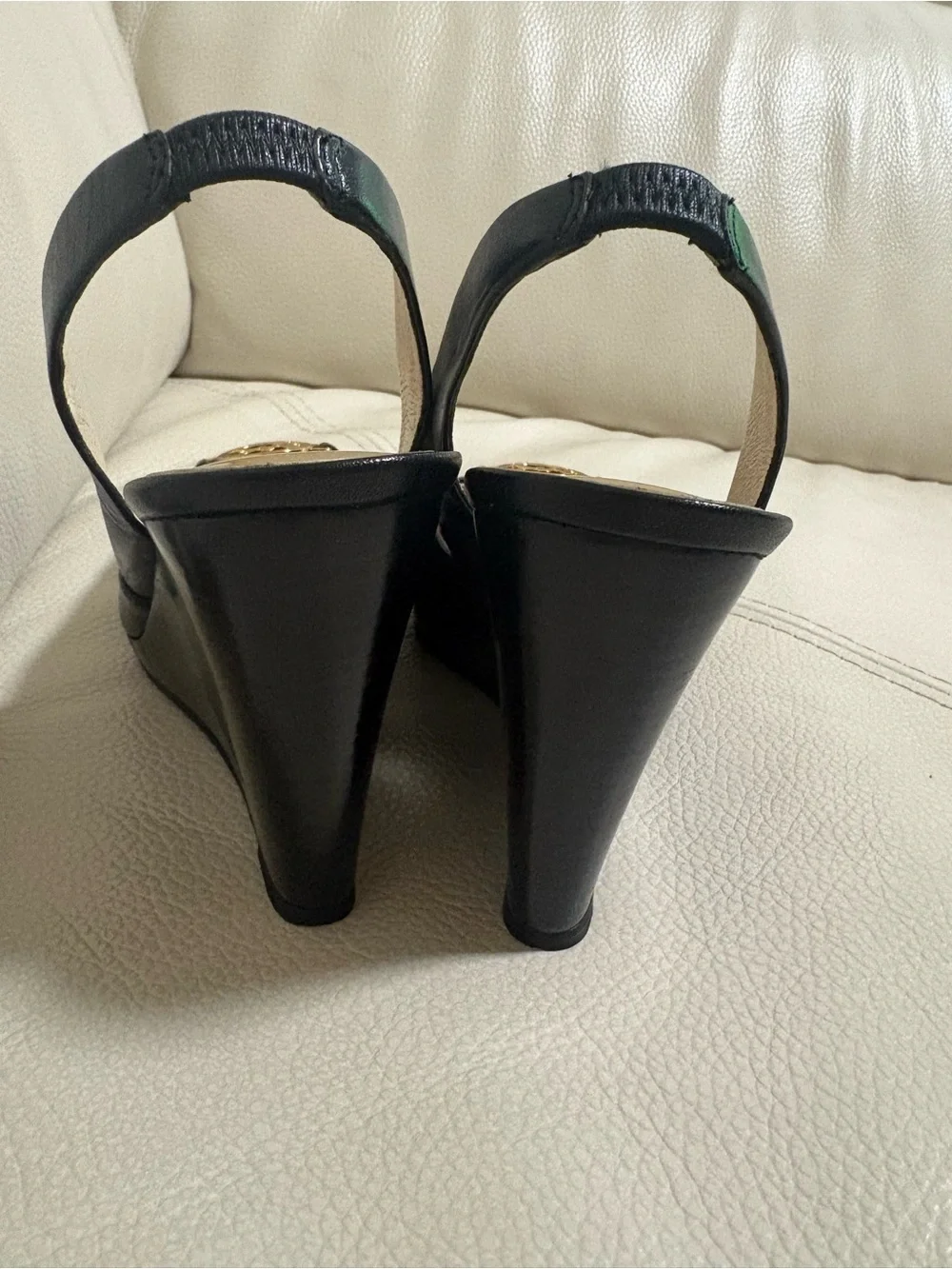 Michael Kors Black Leather Slingback Peep-Toe Heels with Gold MK Logo Size 5.5